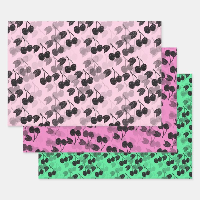 Pink and green Cherries on Wrapping Paper Sheets (Set)