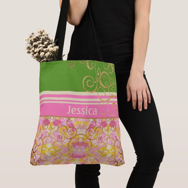 Pink and Green Chic Fun Tote Bag (Close Up)