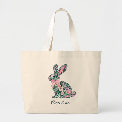 Pink and Green Chinoiserie Bunny With Bow Large Tote Bag
