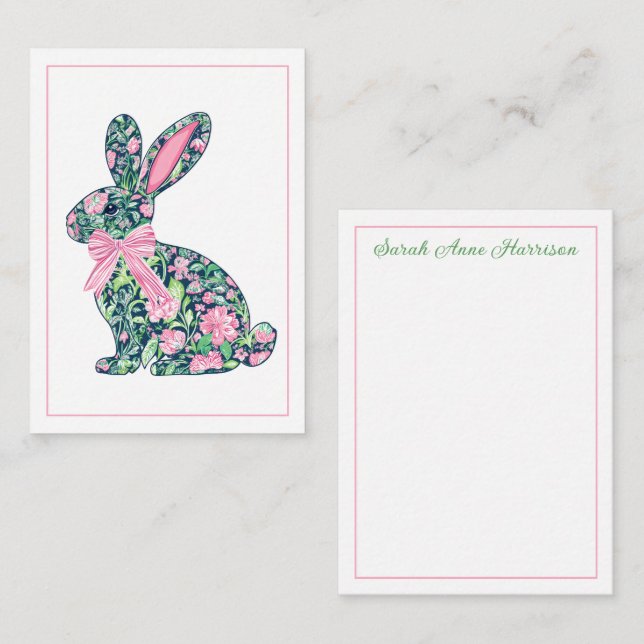 Pink and Green Chinoiserie Bunny With Bow Note Card (Front/Back)