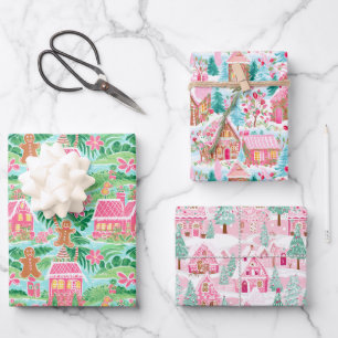 Pink and Green Christmas Gingerbread Houses Wrapping Paper Sheets