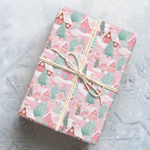 Pink and Green Christmas Gingerbread Town Wrapping Paper