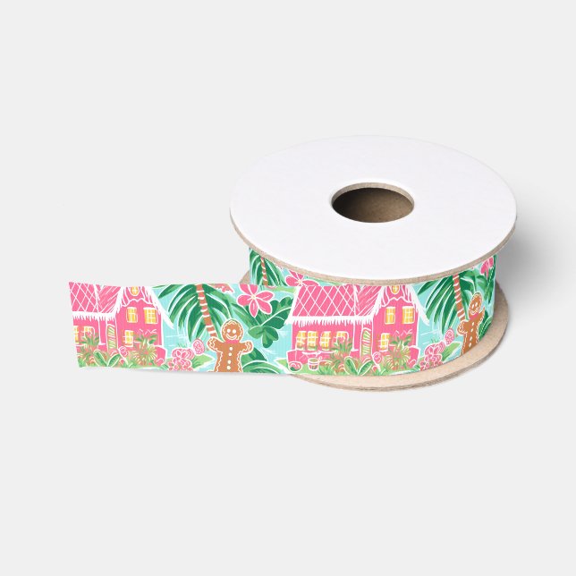 Pink and Green Christmas Gingerbread Village Grosgrain Ribbon (Spool)