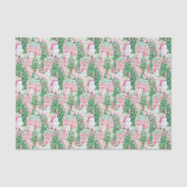 Pink and Green Christmas Snowman Village Tissue Paper (Front)