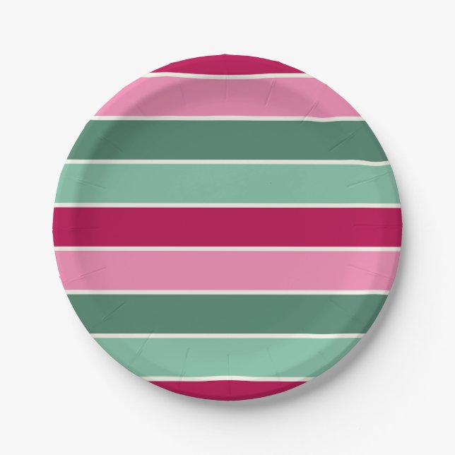 Pink and Green Christmas Stripes Paper Plates (Front)