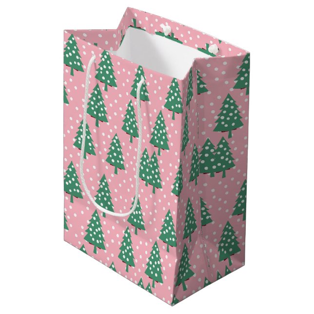 Pink and Green Christmas Tree Medium Gift Bag (Front Angled)