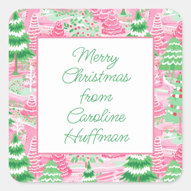 Pink and Green Christmas Trees Gift Square Sticker (Front)