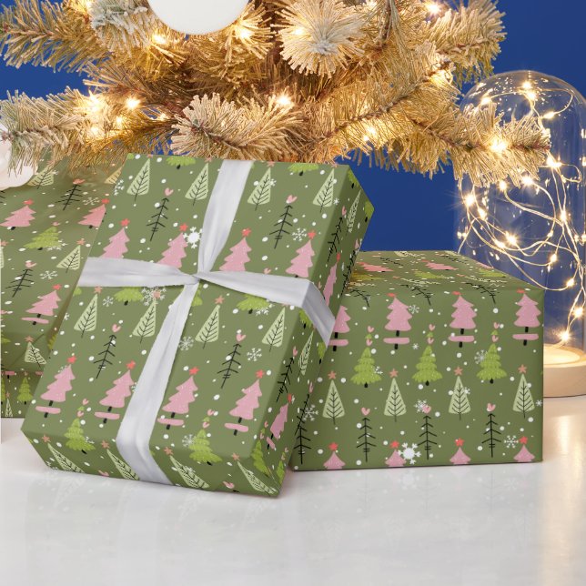Pink and Green Christmas Trees Green Christmas Wrapping Paper (Holidays)