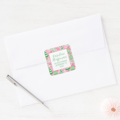Pink and Green Christmas Trees Return Address Square Sticker