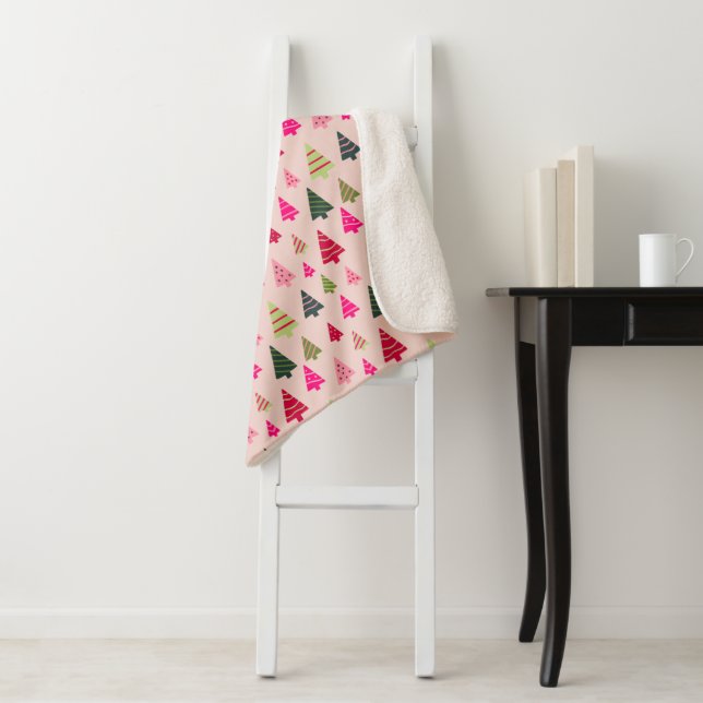 Pink and Green Christmas Trees Sherpa Blanket (In Situ)