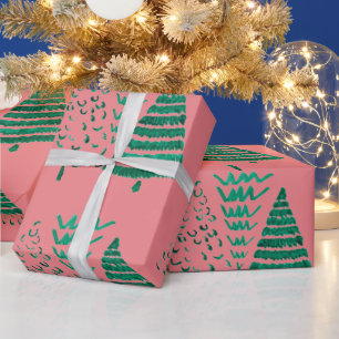 Pink and Green Christmas Trees Wrapping Paper