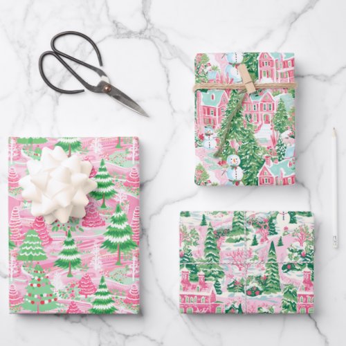 Pink and Green Christmas Trees Wrapping Paper Sheets