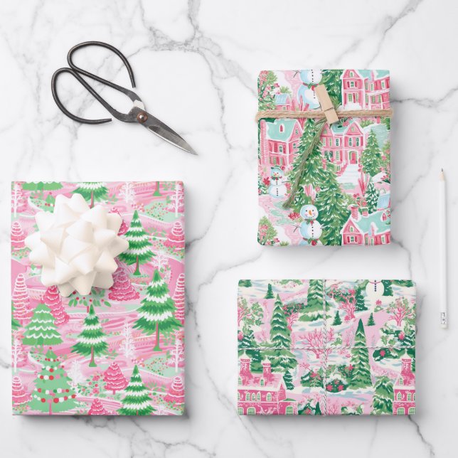 Pink and Green Christmas Trees Wrapping Paper Sheets (Front)