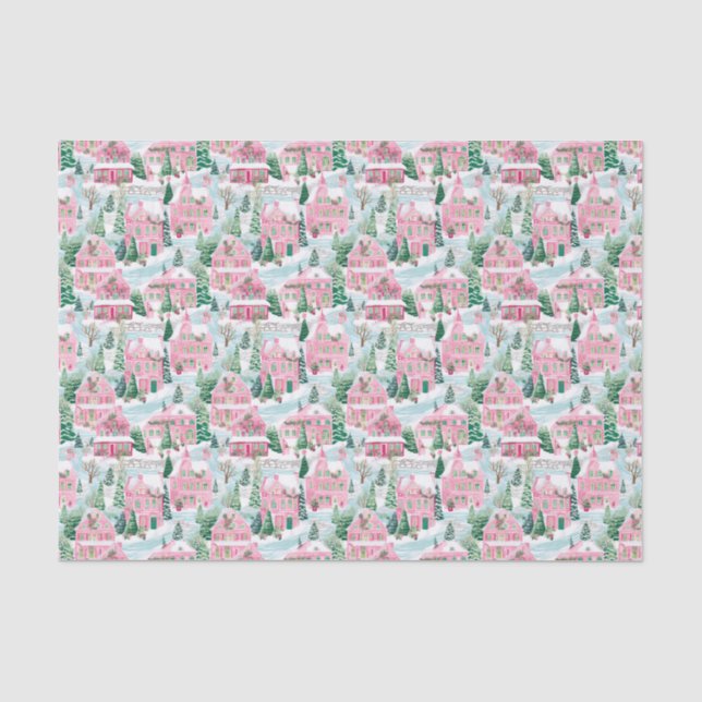 Pink and Green Christmas Village Tissue Paper (Front)