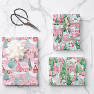 Pink and Green Christmas Village Wrapping Paper Sheets
