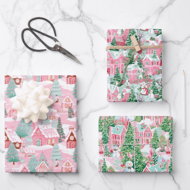 Pink and Green Christmas Village Wrapping Paper Sheets (Front)
