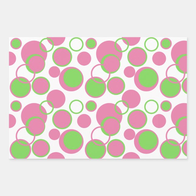 Pink and Green Circles Geometric Pattern Wrapping Paper Sheets (Front)