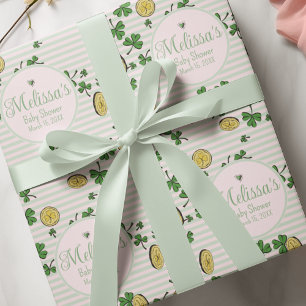 Pink and Green Clovers & Gold Coins Irish Shower Wrapping Paper
