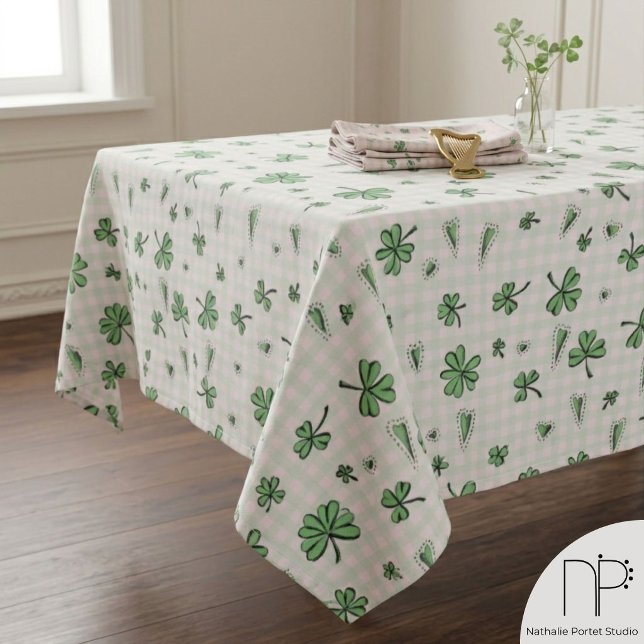 Pink and Green Clovers St Patricks Tablecloth (Hand drawn pink and green clover checkered tablecloth for a girly St Patricks Day party)