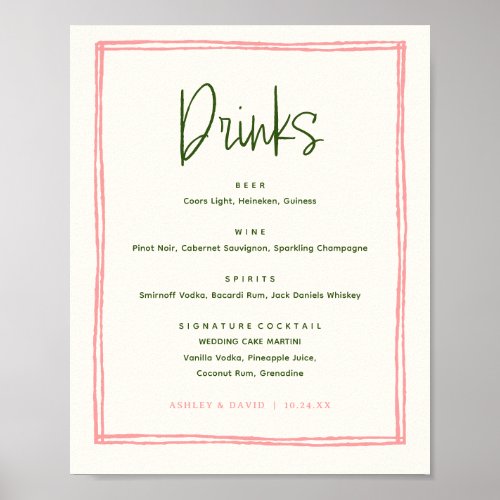 Pink and Green Colorful Fun Wedding Bar Drinks Poster