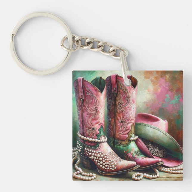 Pink and Green Cowboy Boots Keychain (Front)