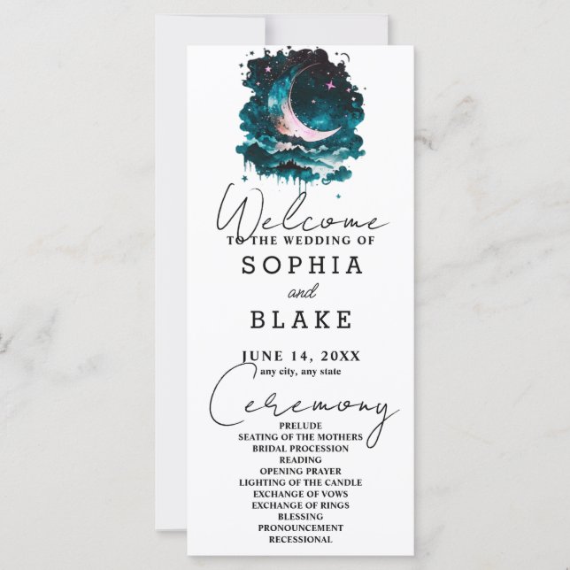 Pink and Green Crescent Moon Wedding Program (Front)