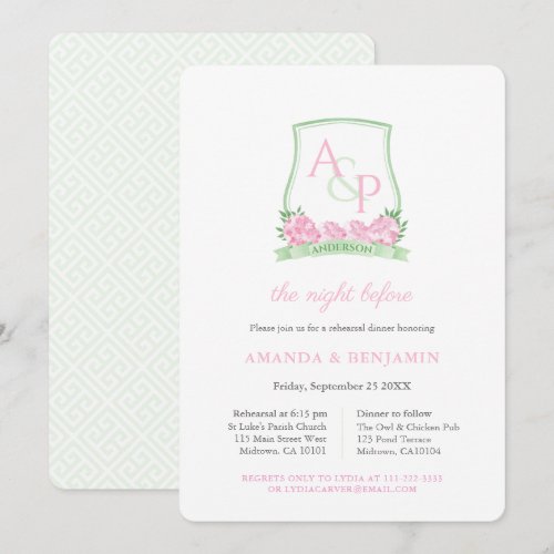Pink And Green Crest Wedding Rehearsal Dinner