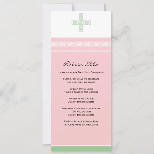 Pink and Green Cross First Communion Invitation