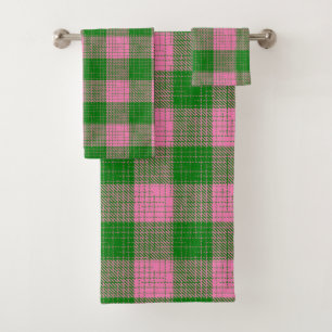 Pink and Green Crosshatch Checkered Pattern Bath Towel Set