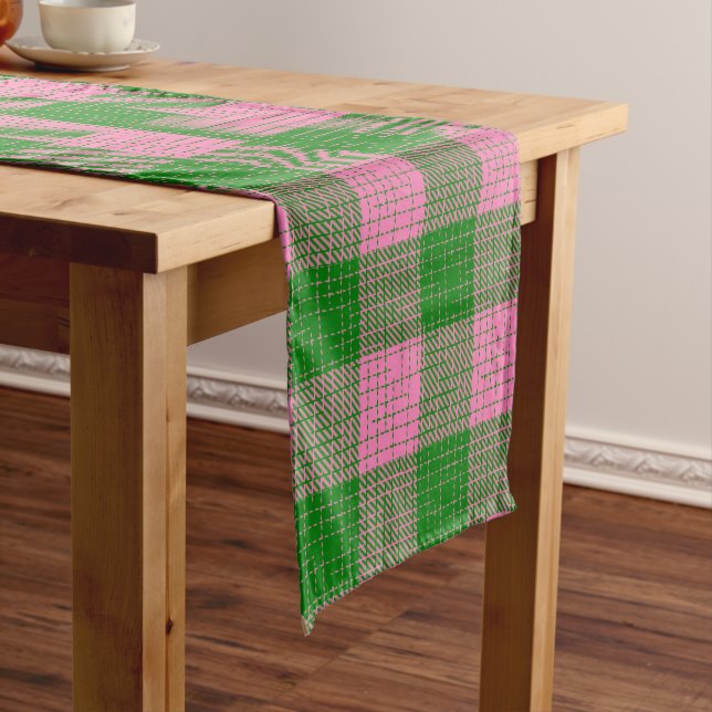 Pink and Green Crosshatch Checkered Pattern  Short Table Runner (In Situ)