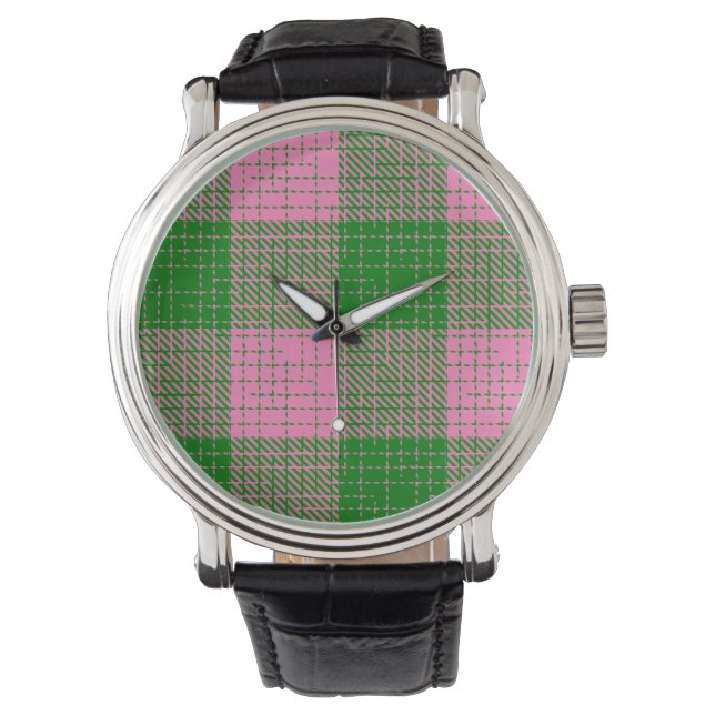 Pink and Green Crosshatch Checkered Pattern  Watch (Front)