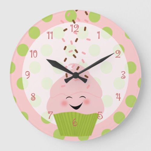 Pink and Green Cupcake Large Clock