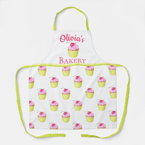 Pink and Green Cupcakes Personalized Bakery Name Apron