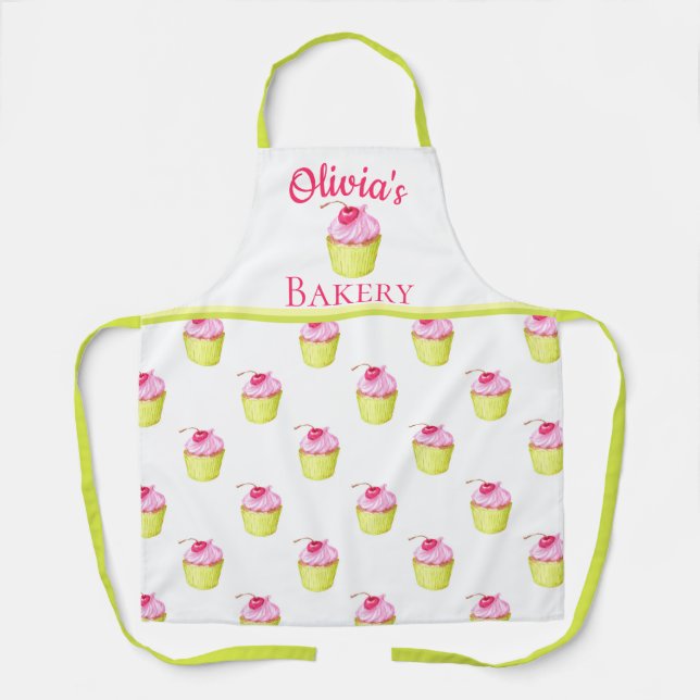 Pink and Green Cupcakes Personalized Bakery Name Apron (Front)