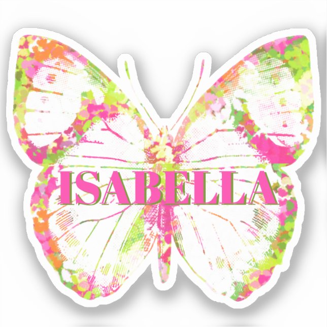 Pink and Green Custom Name Butterfly Sticker (Front)