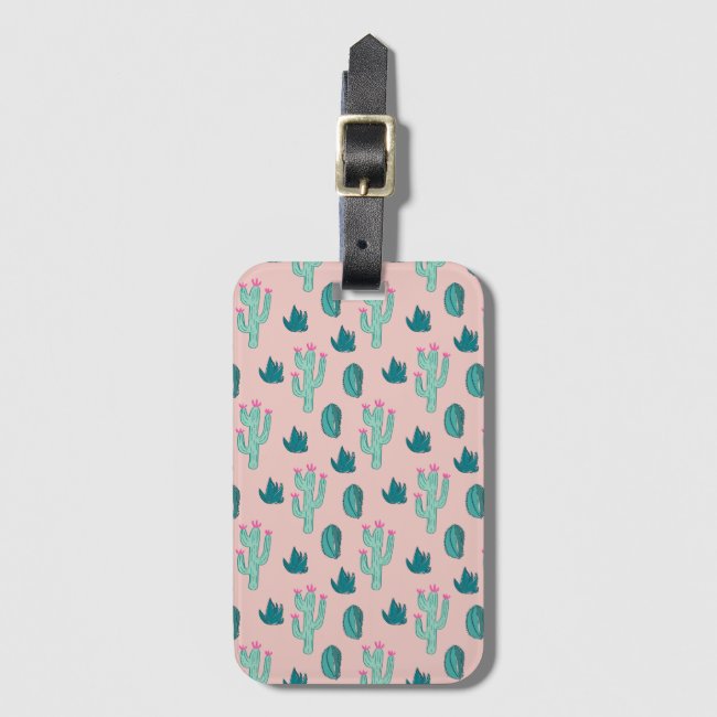 Pink and Green Cute Cactus Pattern Luggage Tag
