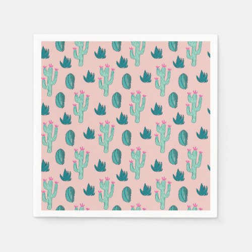 Pink and Green Cute Cactus Pattern Paper Napkins