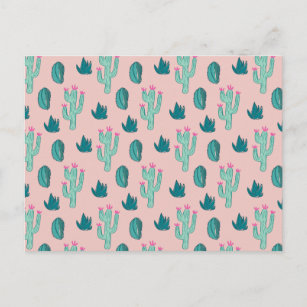Pink and Green Cute Cactus Pattern Postcard