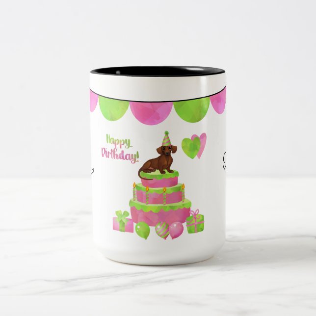 Pink and Green Dachshund Birthday Mug (Center)