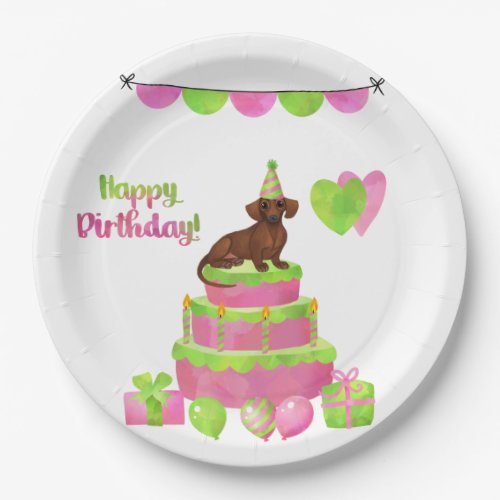 Pink and Green Dachshund Birthday Party Plates