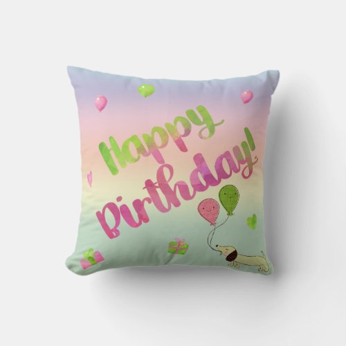 Pink and Green Dachshund Birthday Throw Pillow