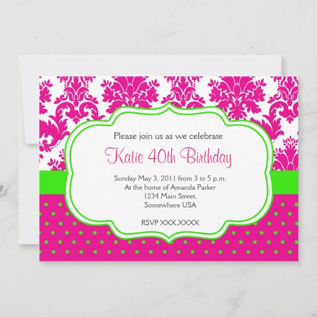 Pink and Green Damask and Dots Invitation (Front)