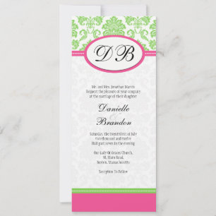 Pink and Green Damask Monogram Wedding Invitation