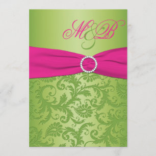 Pink and Green Damask Monogrammed Invitation