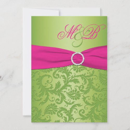 Pink and Green Damask Monogrammed Invitation