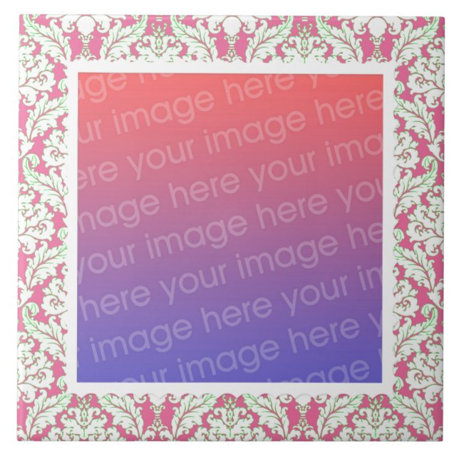 Pink and Green Damask Pattern Frame Your Photo Ceramic Tile (Front)