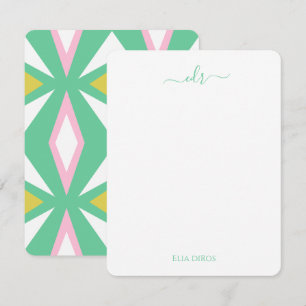 Pink and Green Diamond Monogram Note Card
