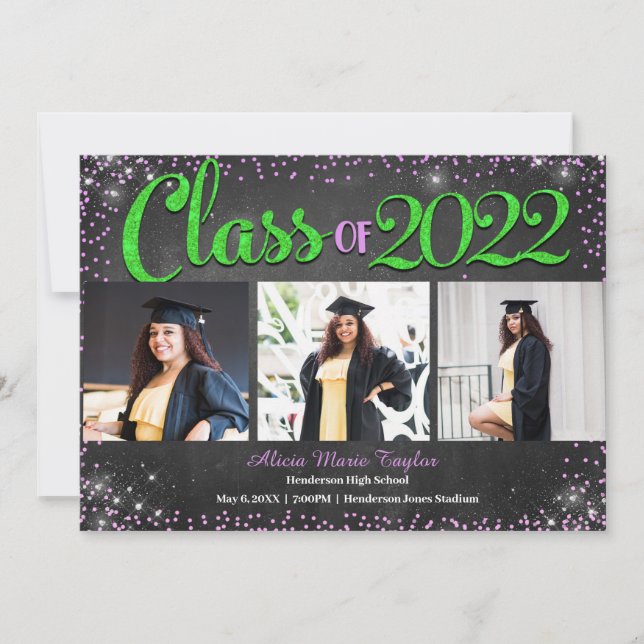 Pink and Green Diamonds Glitter Photo Graduation Invitation (Front)
