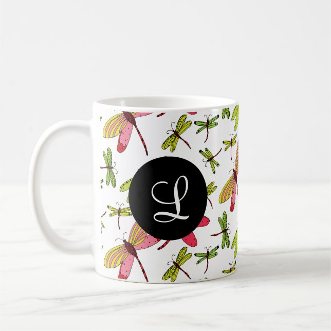 Pink and Green Dragonflies Monogram Coffee Mug (Left)