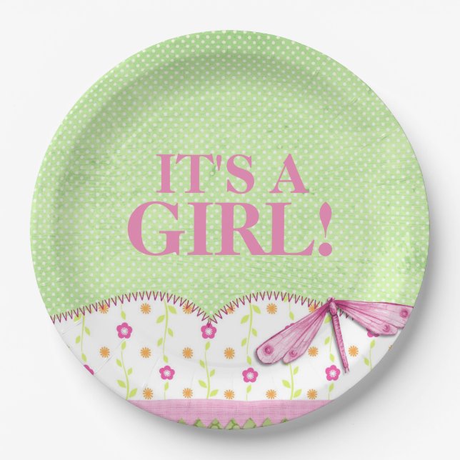 Pink and Green Dragonfly Baby Shower Paper Plates (Front)